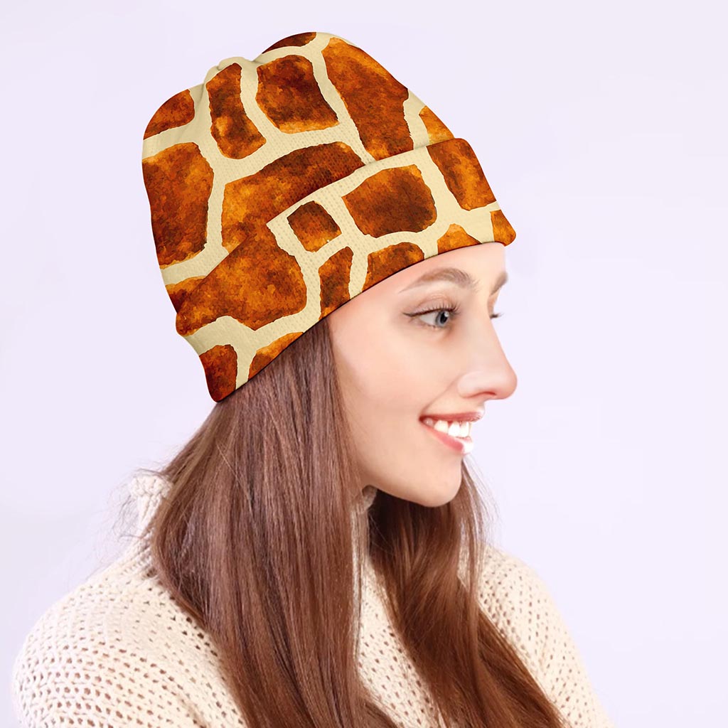 Brown Watercolor Giraffe Pattern Print Beanie