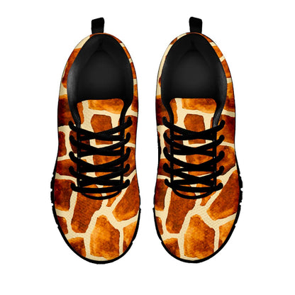 Brown Watercolor Giraffe Pattern Print Black Running Shoes