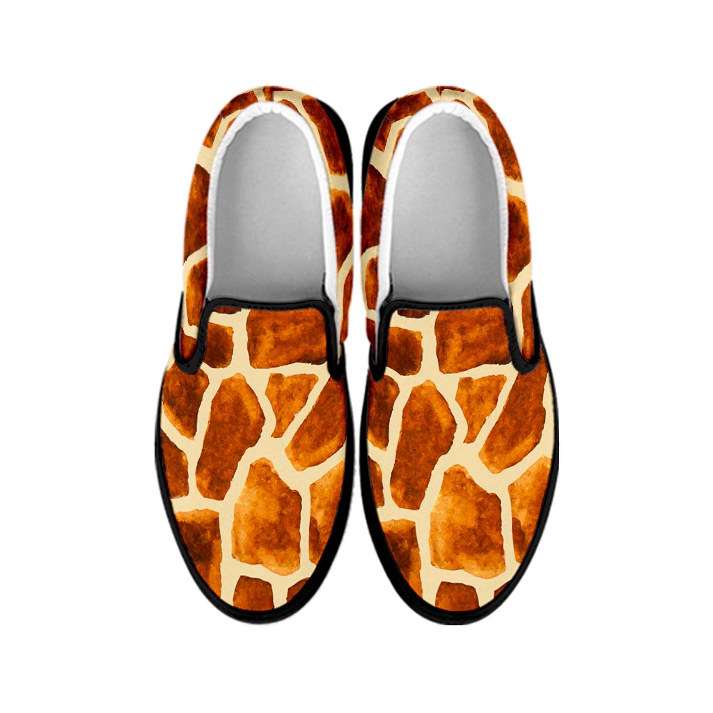 Brown Watercolor Giraffe Pattern Print Black Slip On Sneakers