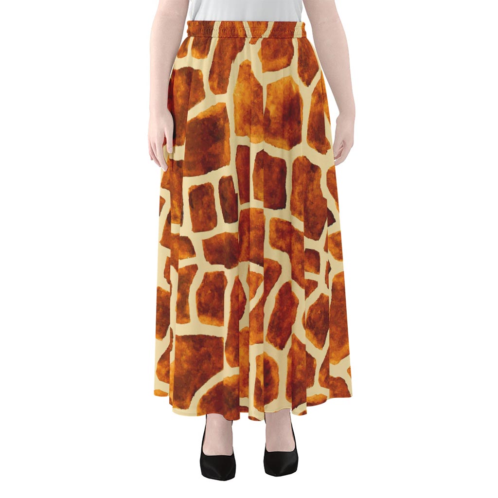 Brown Watercolor Giraffe Pattern Print Chiffon Maxi Skirt