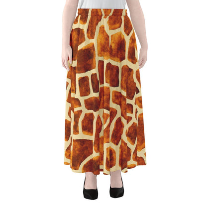 Brown Watercolor Giraffe Pattern Print Chiffon Maxi Skirt