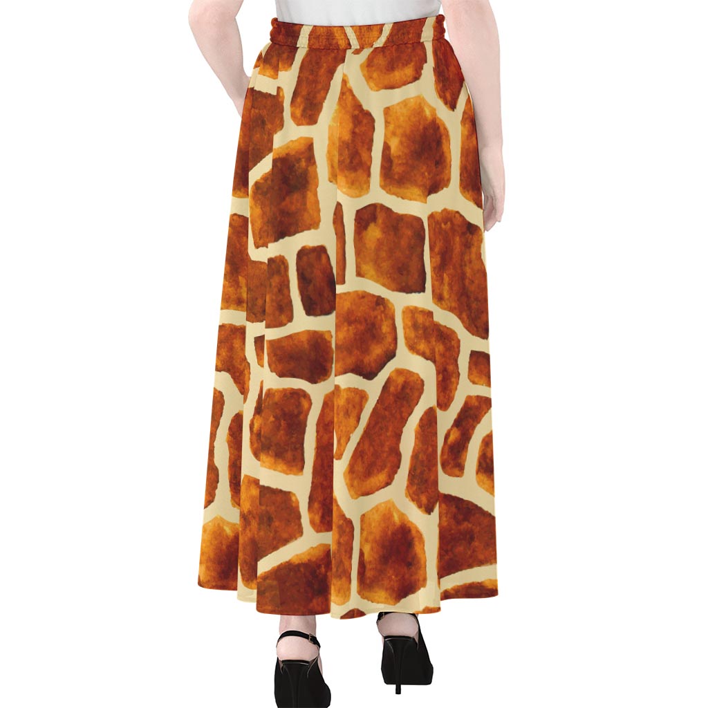 Brown Watercolor Giraffe Pattern Print Chiffon Maxi Skirt