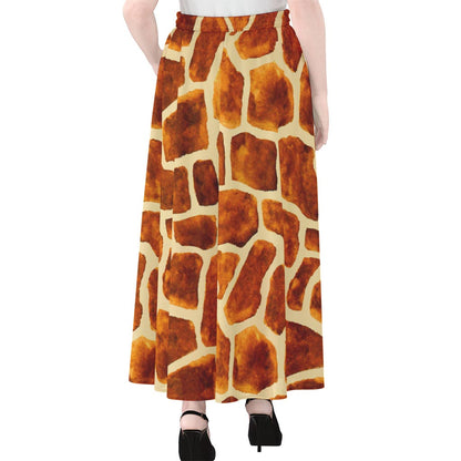 Brown Watercolor Giraffe Pattern Print Chiffon Maxi Skirt