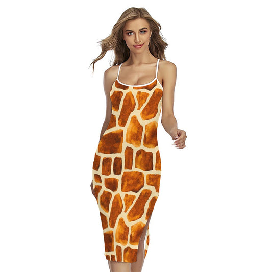 Brown Watercolor Giraffe Pattern Print Cross Back Cami Dress