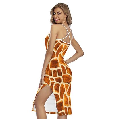 Brown Watercolor Giraffe Pattern Print Cross Back Cami Dress