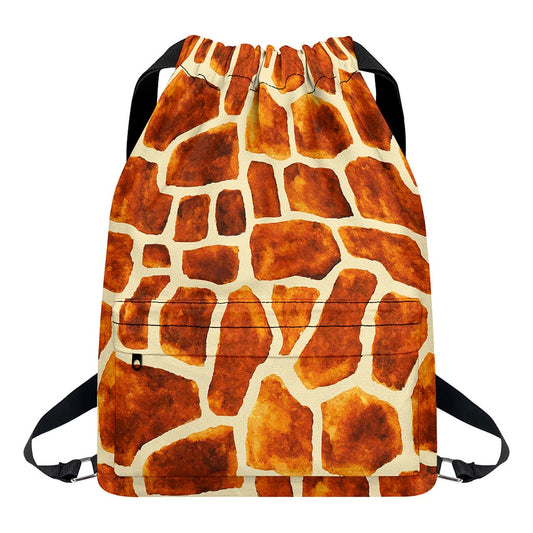 Brown Watercolor Giraffe Pattern Print Drawstring Backpack