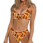 Brown Watercolor Giraffe Pattern Print Front Bow Tie Bikini