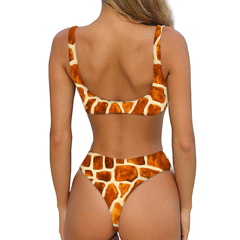Brown Watercolor Giraffe Pattern Print Front Bow Tie Bikini