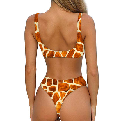 Brown Watercolor Giraffe Pattern Print Front Bow Tie Bikini