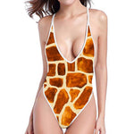 Brown Watercolor Giraffe Pattern Print High Cut One Piece Swimsuit