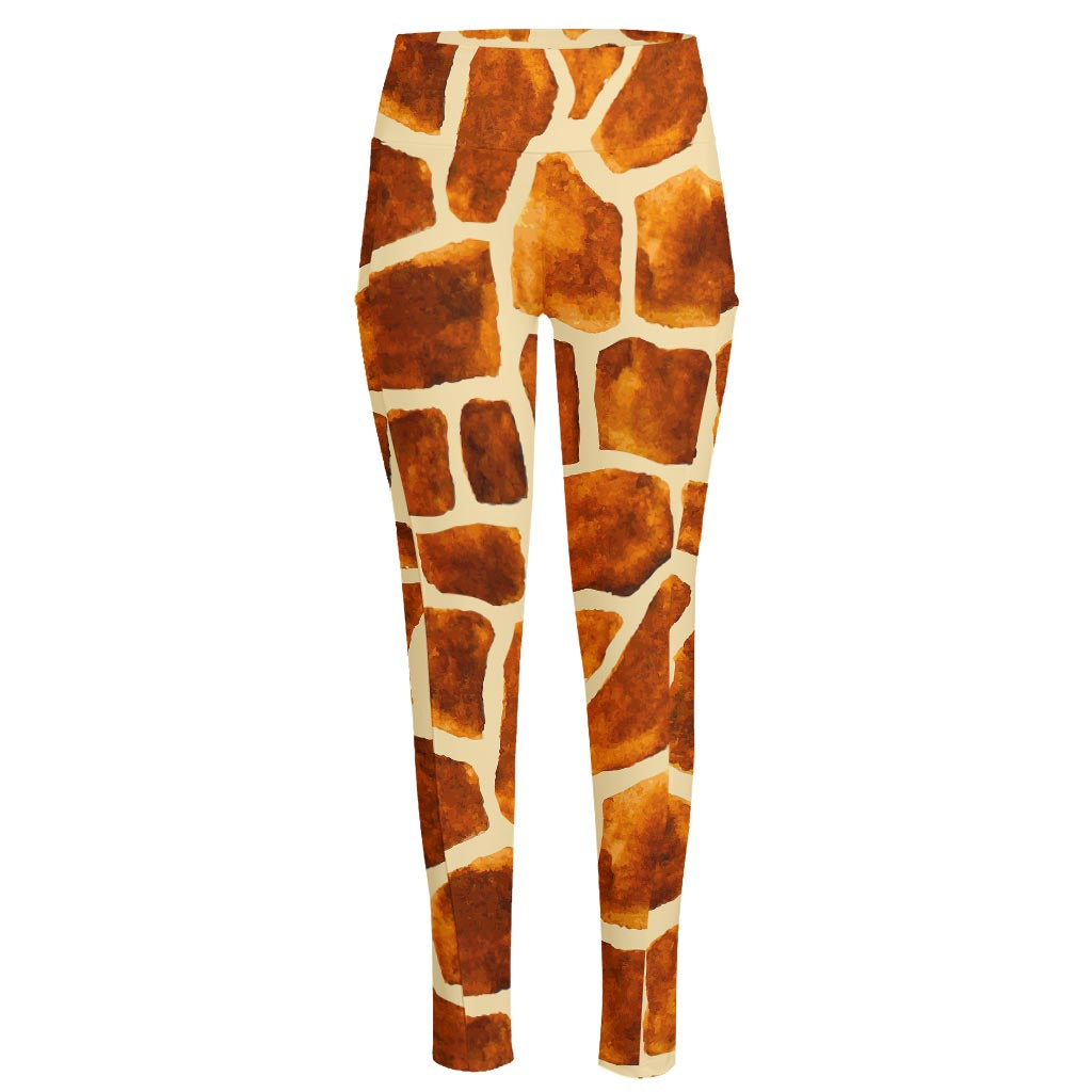 Brown Watercolor Giraffe Pattern Print High-Waisted Pocket Leggings