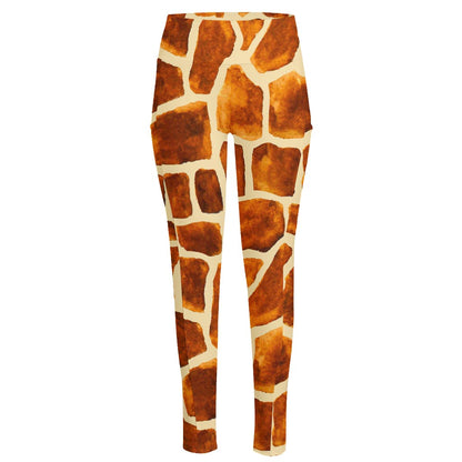 Brown Watercolor Giraffe Pattern Print High-Waisted Pocket Leggings