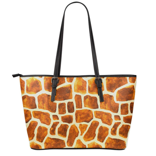 Brown Watercolor Giraffe Pattern Print Leather Tote Bag
