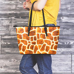 Brown Watercolor Giraffe Pattern Print Leather Tote Bag