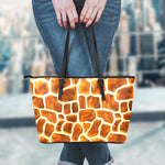 Brown Watercolor Giraffe Pattern Print Leather Tote Bag