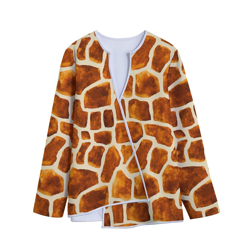 Brown Watercolor Giraffe Pattern Print Long Sleeve Short Coat