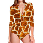 Brown Watercolor Giraffe Pattern Print Long Sleeve Swimsuit
