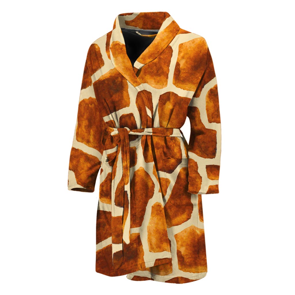 Brown Watercolor Giraffe Pattern Print Men's Bathrobe