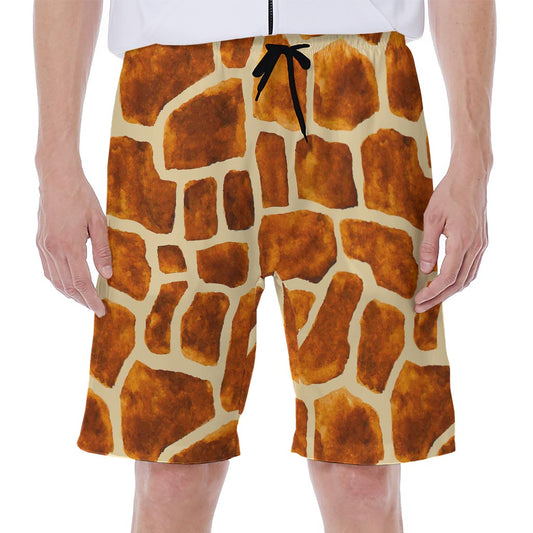 Brown Watercolor Giraffe Pattern Print Men's Beach Shorts