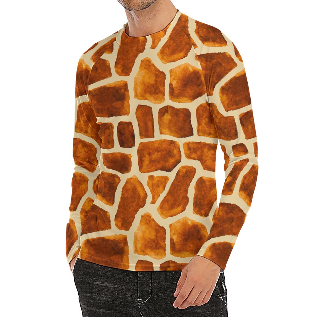 Brown Watercolor Giraffe Pattern Print Men's Long Sleeve Rash Guard