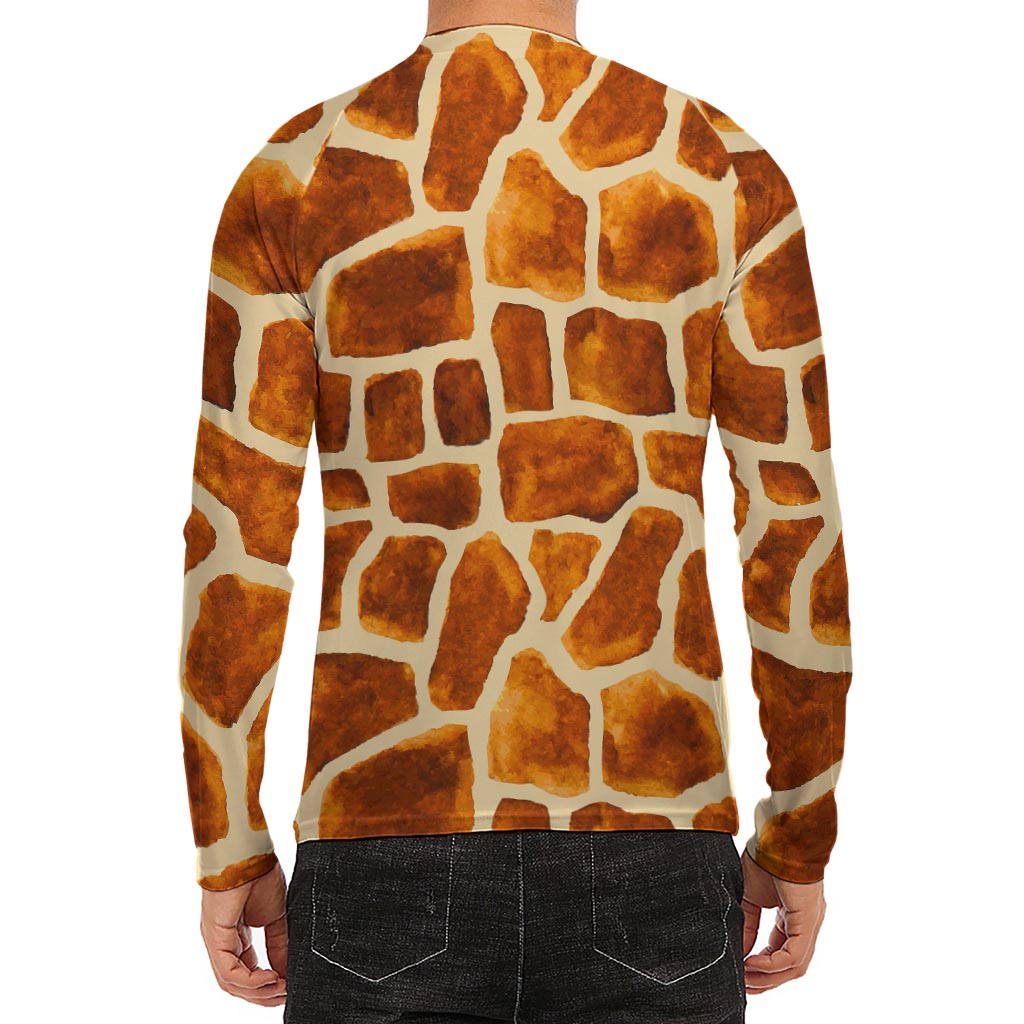 Brown Watercolor Giraffe Pattern Print Men's Long Sleeve Rash Guard