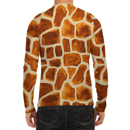 Brown Watercolor Giraffe Pattern Print Men's Long Sleeve Rash Guard