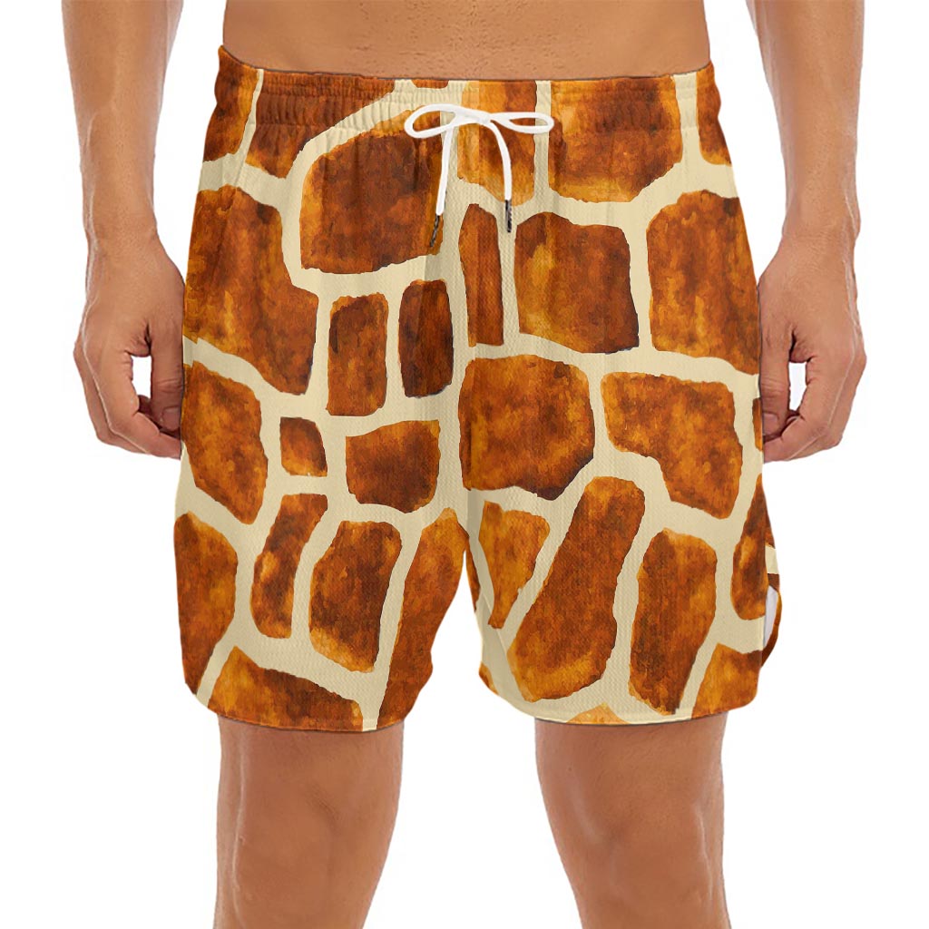 Brown Watercolor Giraffe Pattern Print Men's Split Running Shorts