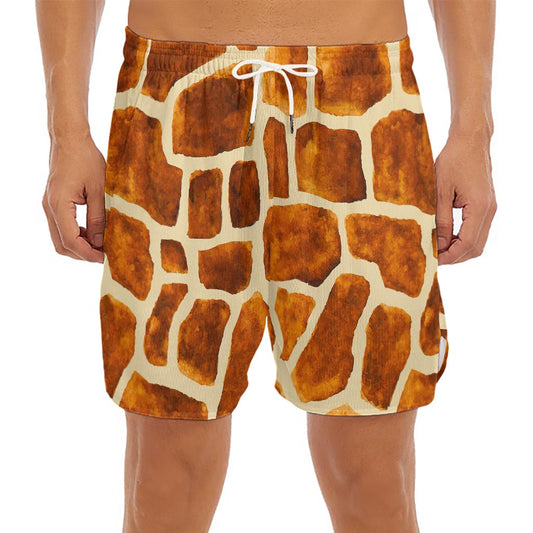 Brown Watercolor Giraffe Pattern Print Men's Split Running Shorts