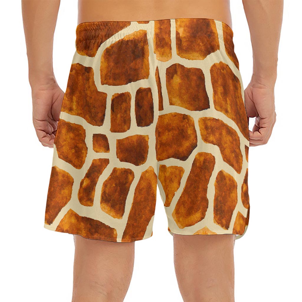 Brown Watercolor Giraffe Pattern Print Men's Split Running Shorts