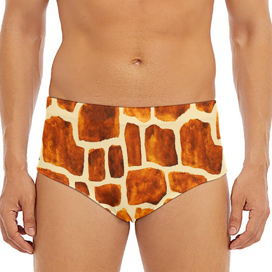 Brown Watercolor Giraffe Pattern Print Men's Triangle Swim Briefs