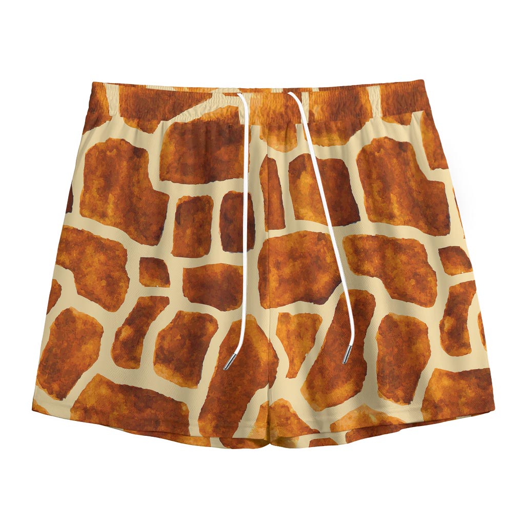 Brown Watercolor Giraffe Pattern Print Mesh Shorts