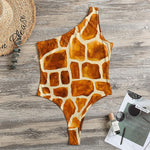 Brown Watercolor Giraffe Pattern Print One Shoulder Bodysuit