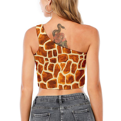 Brown Watercolor Giraffe Pattern Print One Shoulder Crop Top