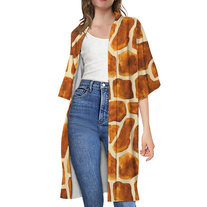 Brown Watercolor Giraffe Pattern Print Open Front Beach Cover Up