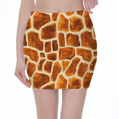 Brown Watercolor Giraffe Pattern Print Pencil Mini Skirt