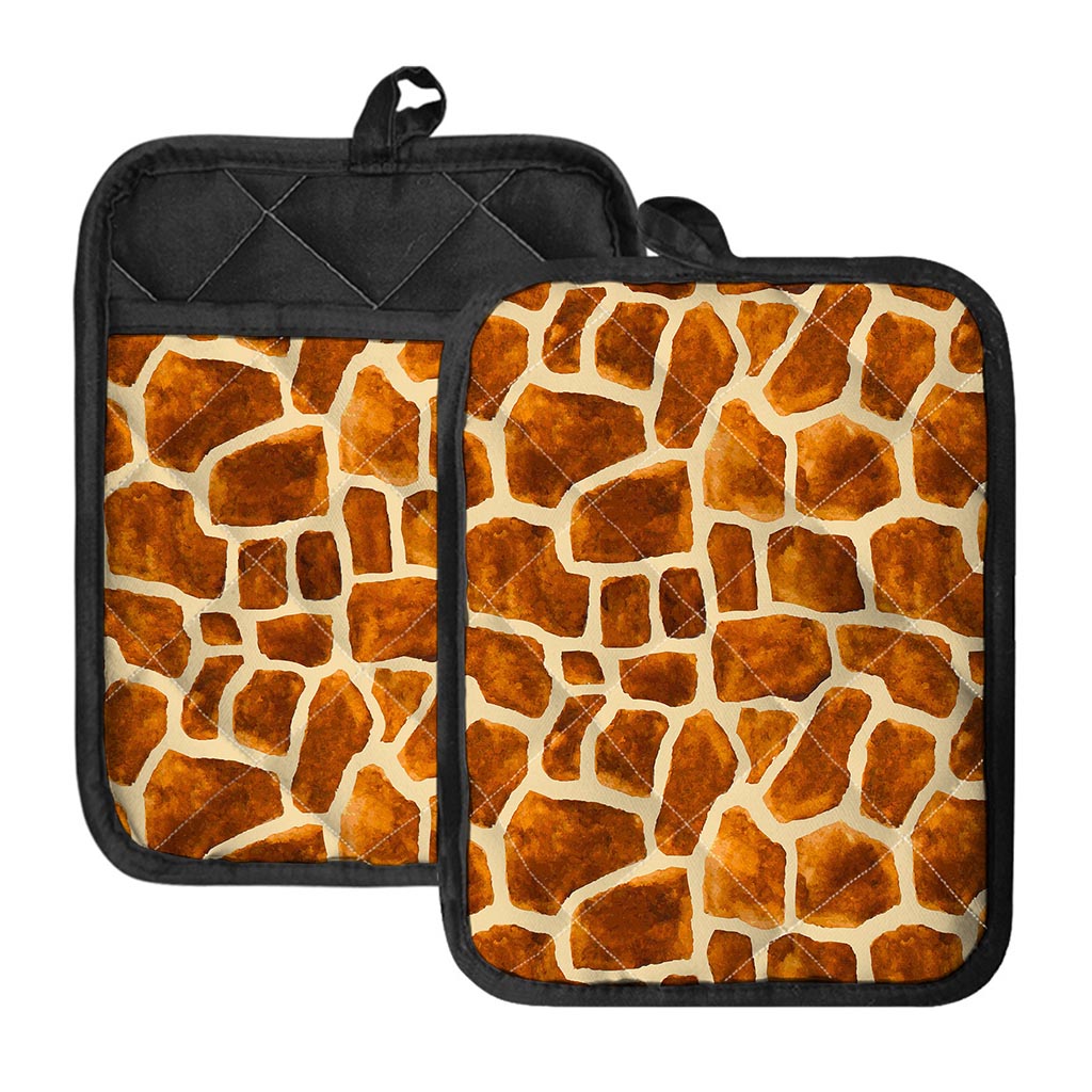 Brown Watercolor Giraffe Pattern Print Pot Holders With Pocket