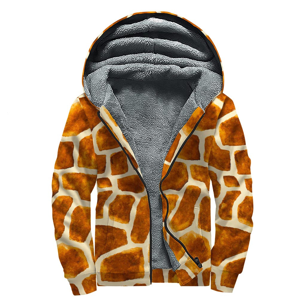 Brown Watercolor Giraffe Pattern Print Sherpa Lined Zip Up Hoodie