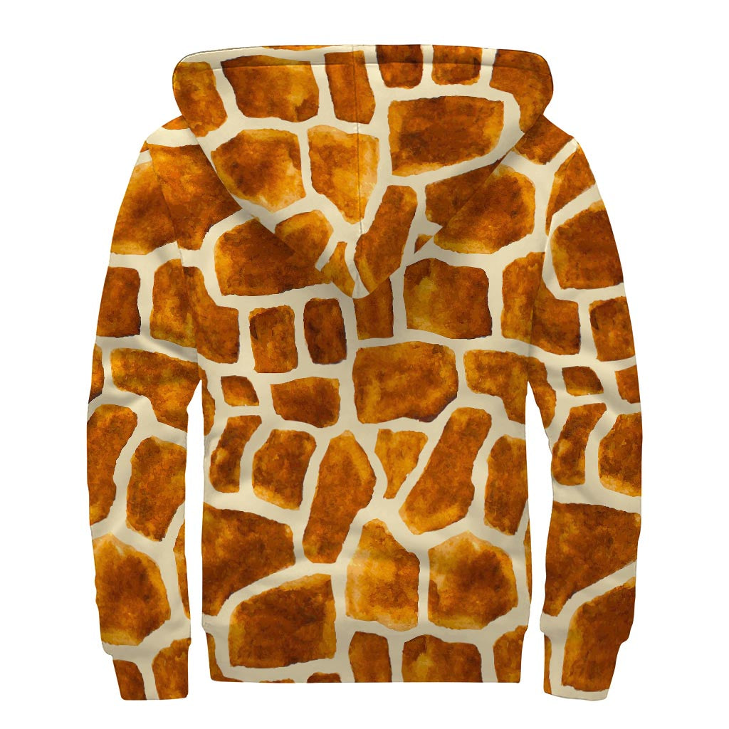 Brown Watercolor Giraffe Pattern Print Sherpa Lined Zip Up Hoodie