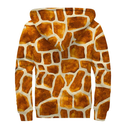 Brown Watercolor Giraffe Pattern Print Sherpa Lined Zip Up Hoodie