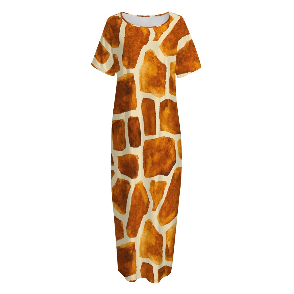 Brown Watercolor Giraffe Pattern Print Short Sleeve Long Nightdress