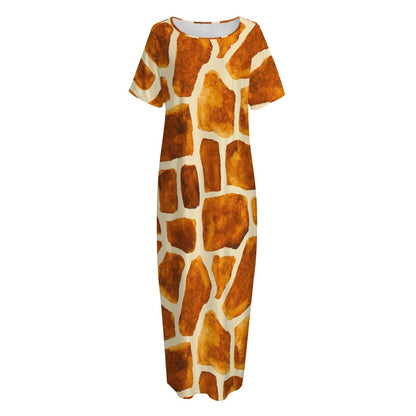 Brown Watercolor Giraffe Pattern Print Short Sleeve Long Nightdress