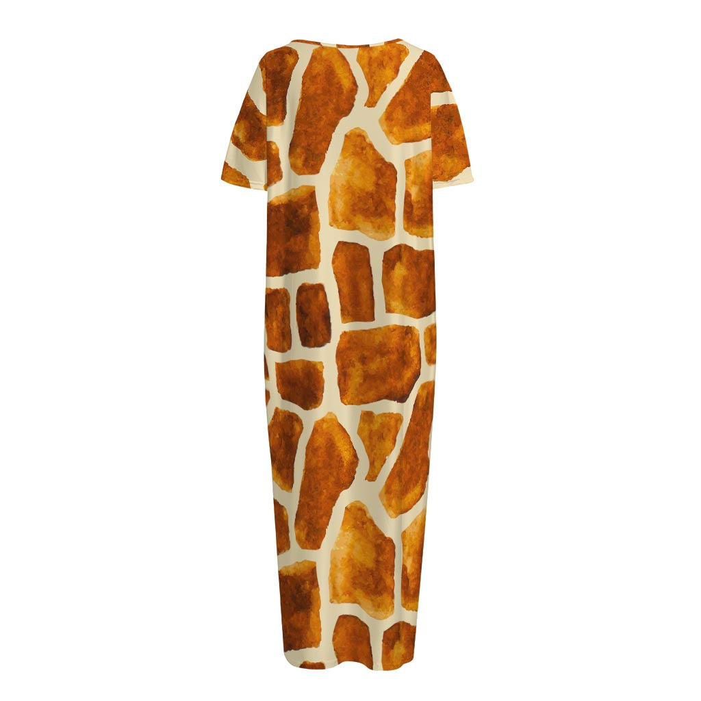 Brown Watercolor Giraffe Pattern Print Short Sleeve Long Nightdress