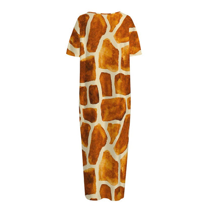 Brown Watercolor Giraffe Pattern Print Short Sleeve Long Nightdress
