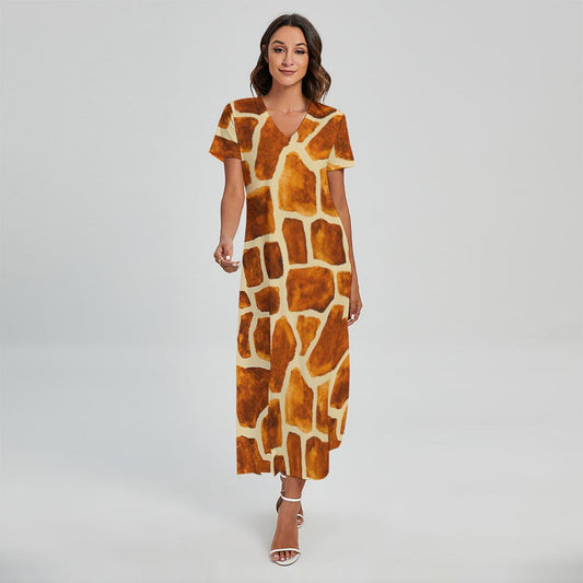 Brown Watercolor Giraffe Pattern Print Short Sleeve Maxi Dress
