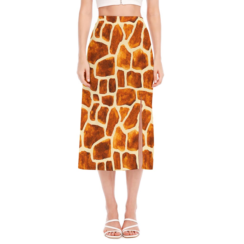 Brown Watercolor Giraffe Pattern Print Side Slit Midi Skirt