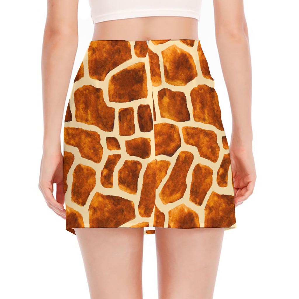 Brown Watercolor Giraffe Pattern Print Side Slit Mini Skirt