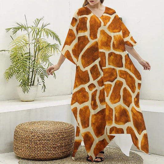 Brown Watercolor Giraffe Pattern Print Silk V-Neck Kaftan Dress