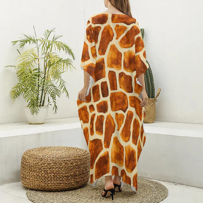 Brown Watercolor Giraffe Pattern Print Silk V-Neck Kaftan Dress