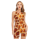 Brown Watercolor Giraffe Pattern Print Sleeveless One Piece Swimsuit