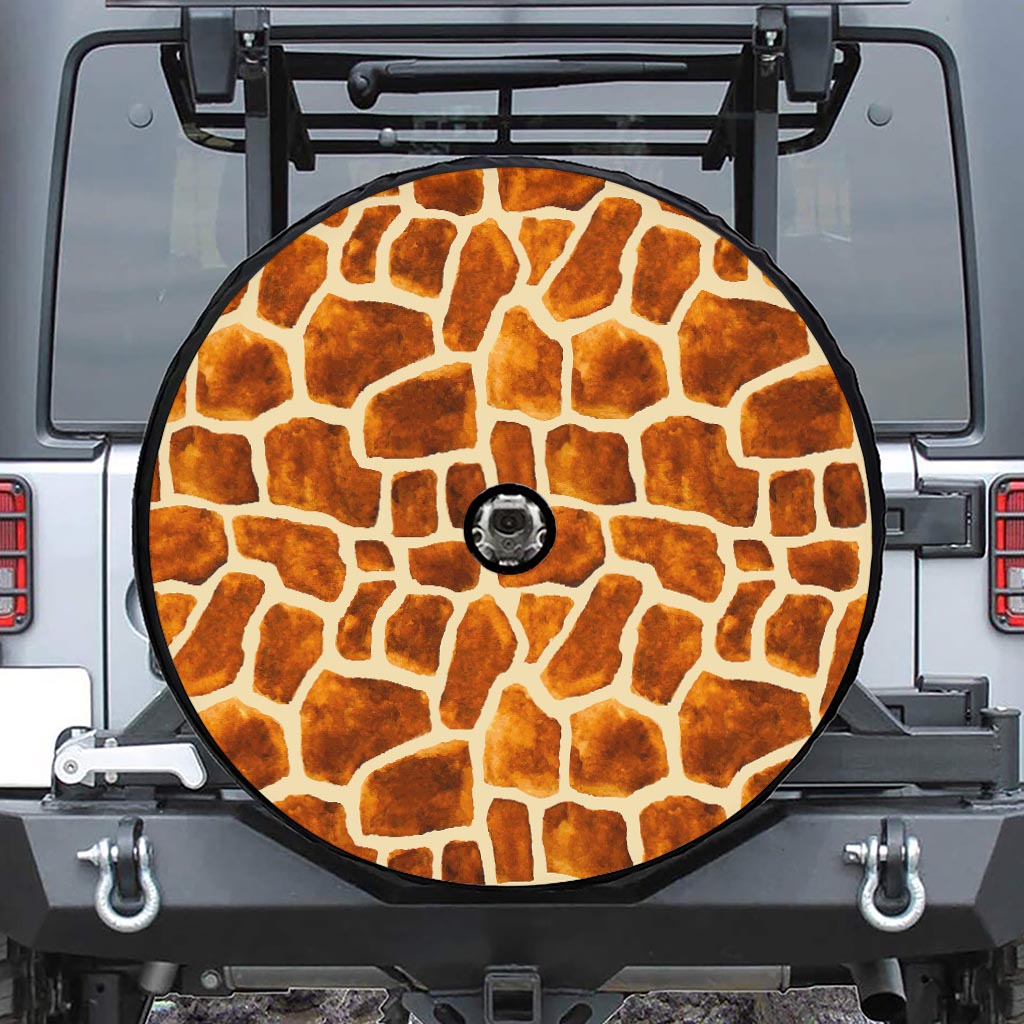 Brown Watercolor Giraffe Pattern Print Tire Cover With Camera Hole